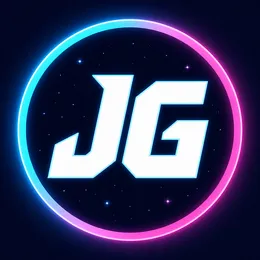 The Jogiba Gaming emblem: an angular white JG monogram on a navy starfield inside a cyan to magenta ring.