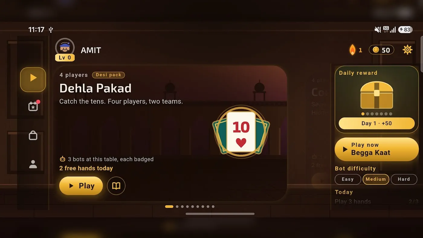 Taash Adda home screen with Dehla Pakad picked: four players in two teams, catch the tens