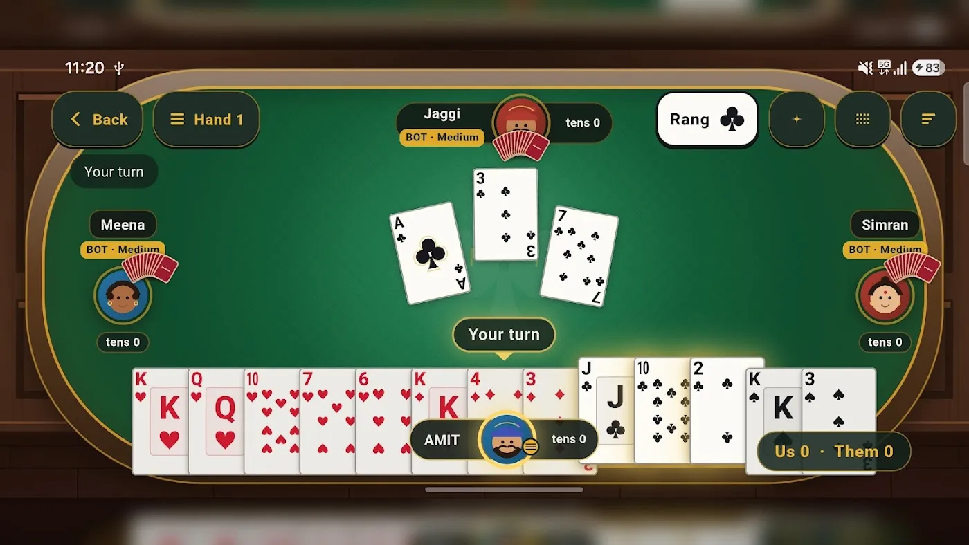 Taash Adda card table: a Dehla Pakad hand in play, with the trump suit (rang) shown in the corner