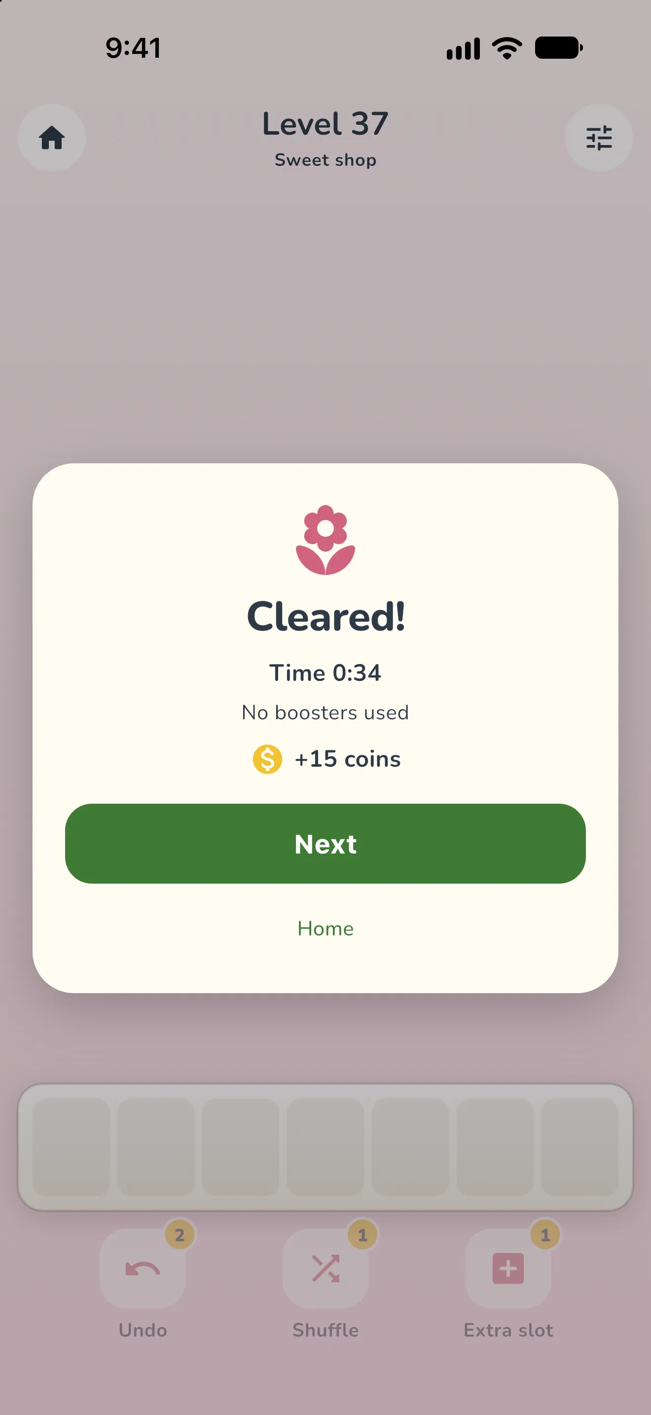 Trimosa level cleared in 34 seconds with no boosters used, earning 15 coins
