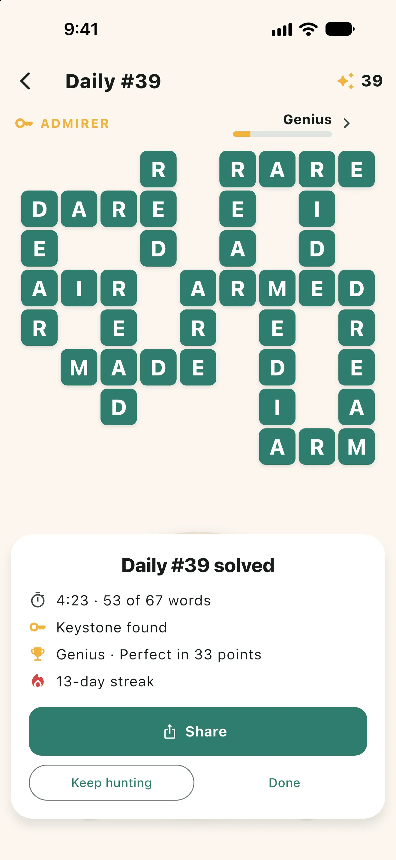 LexiBrew daily solved: the result card with the keystone found and a Genius rank