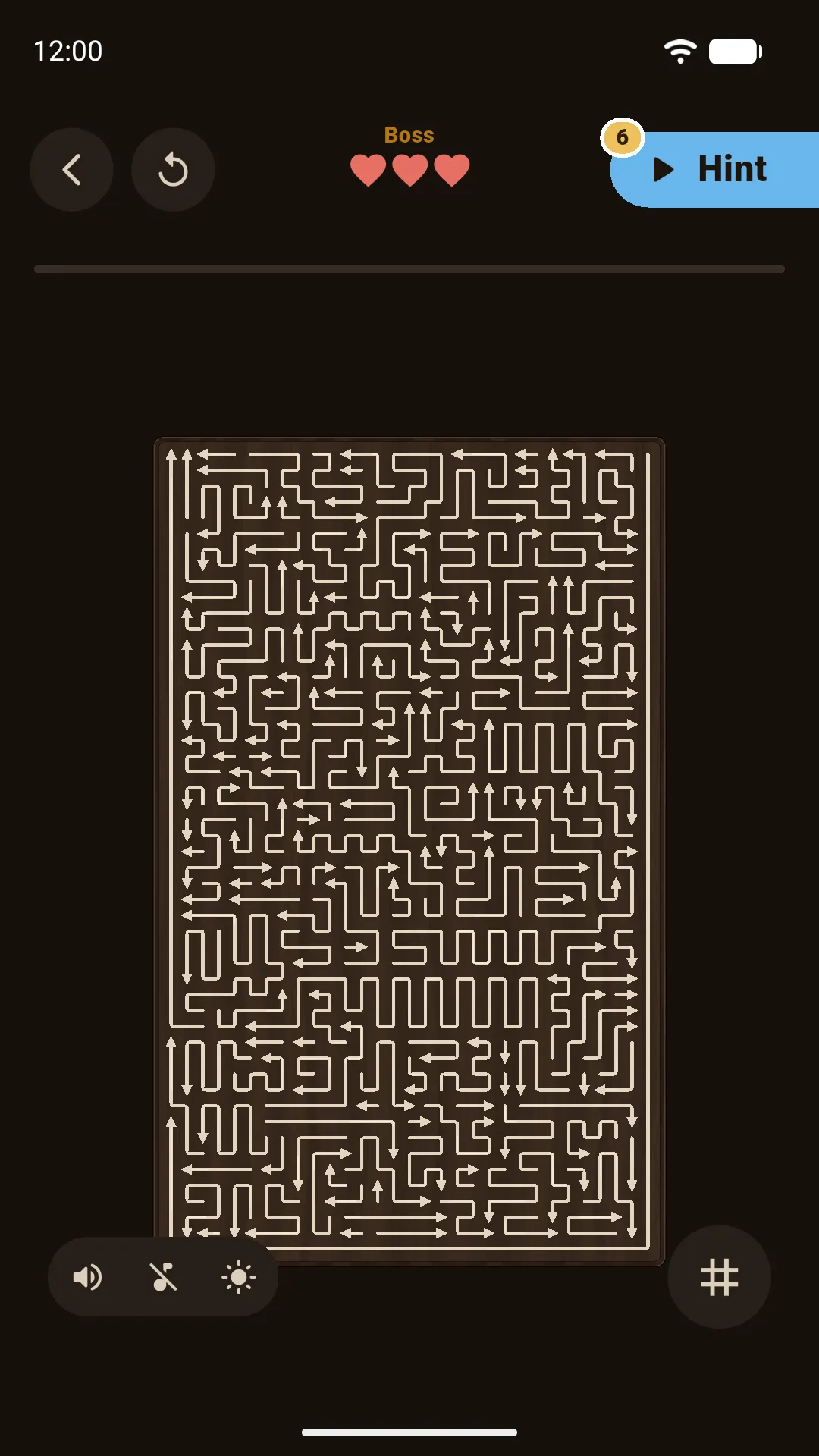 Fletch! Boss level: a tall maze of arrows packed onto the dark walnut board