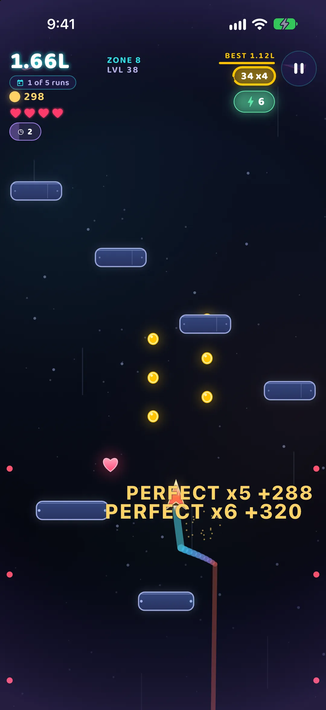 Arrow Rush gameplay: chaining perfect dodges into an x4 combo in zone 8