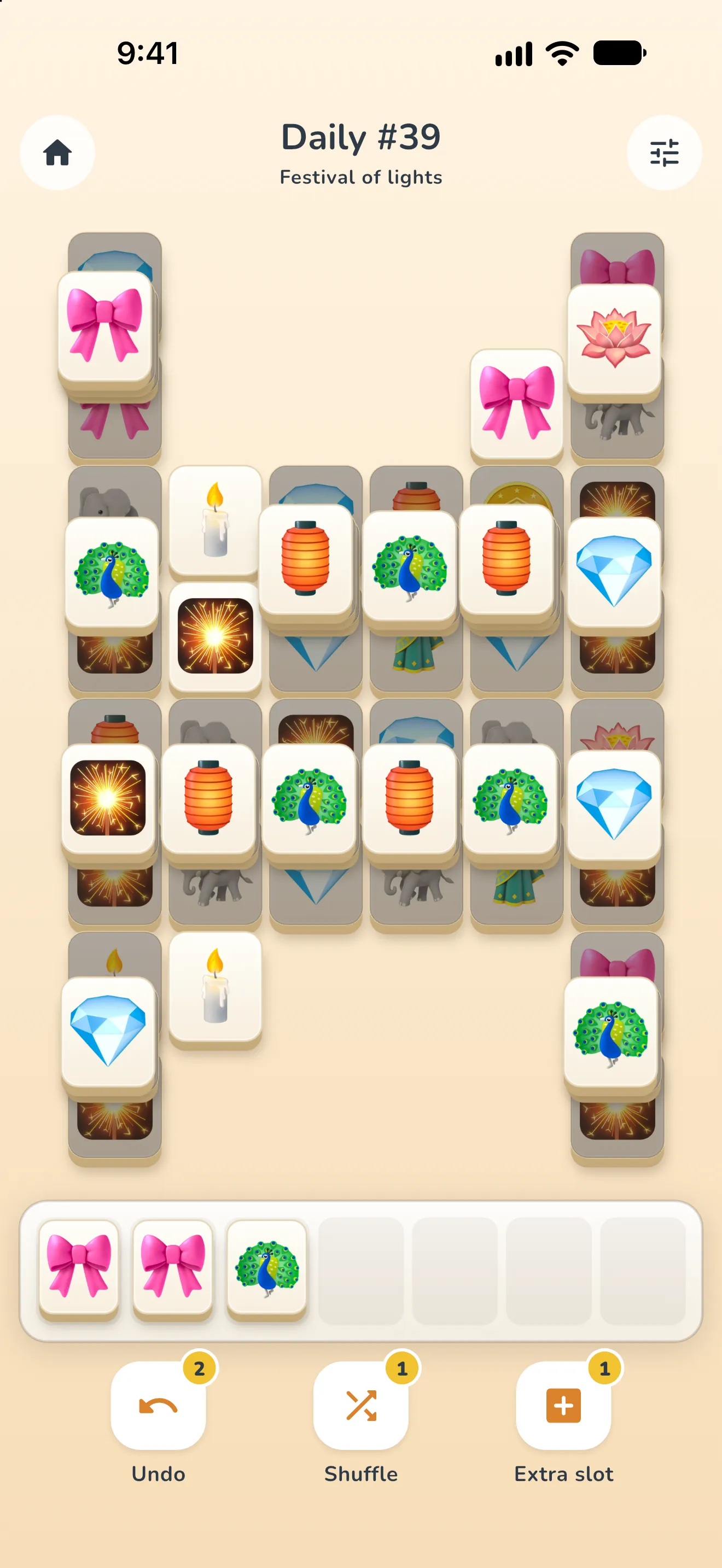 Trimosa daily puzzle for the Festival of lights, with lanterns, peacocks and diyas