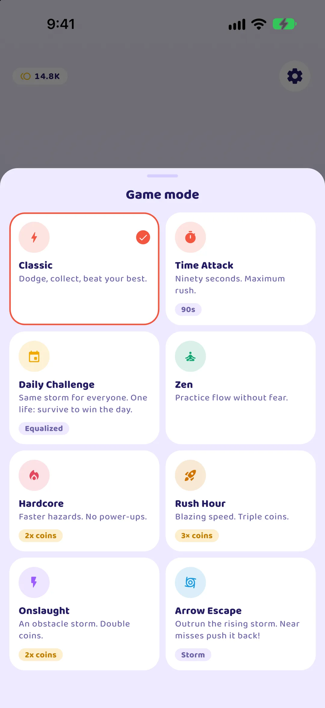 Arrow Rush game modes: Classic, Time Attack, Daily Challenge, Zen, Hardcore, Rush Hour, Onslaught and Arrow Escape