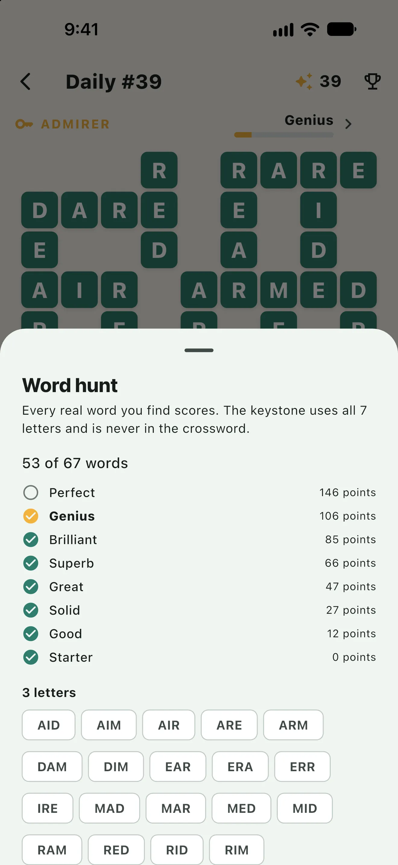 LexiBrew word hunt: the rank ladder from Starter to Perfect and the words found so far