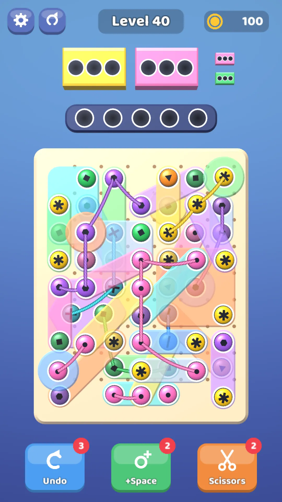 Bolt Zip level 40: a dense board of overlapping plates and threads