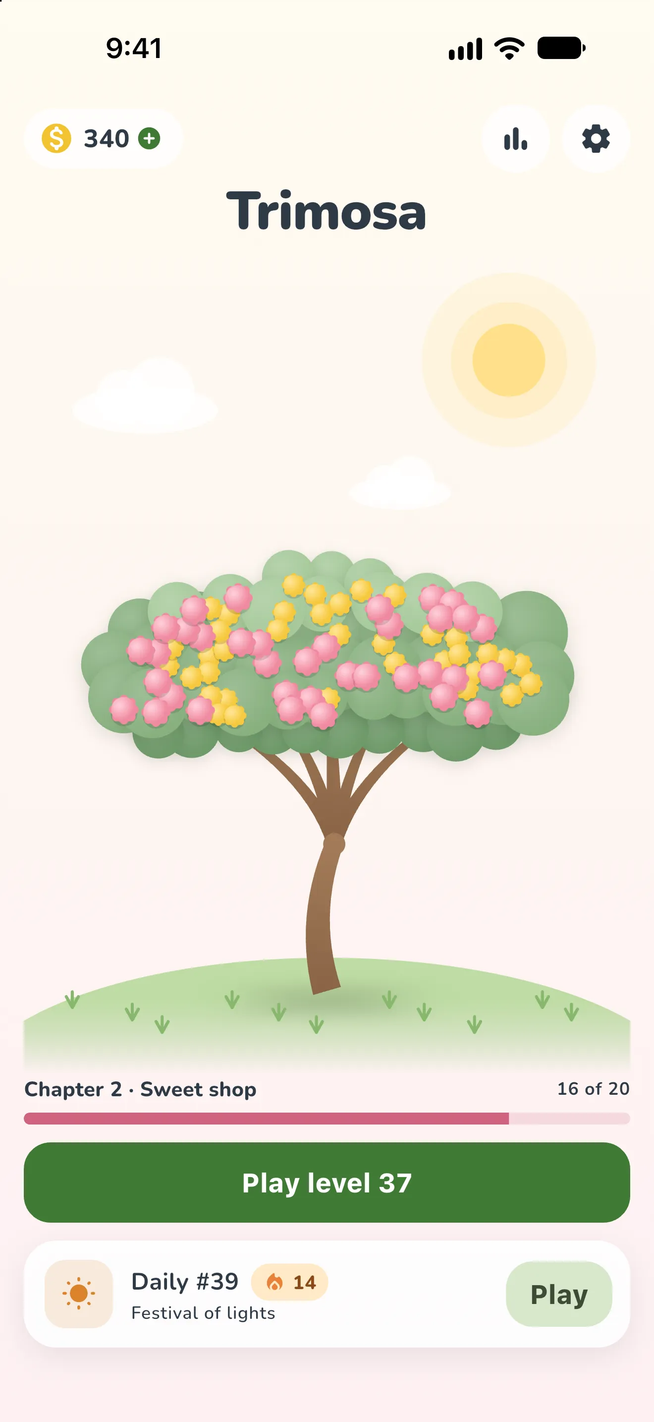 Trimosa home screen with the blooming mimosa tree, the chapter bar and the daily card