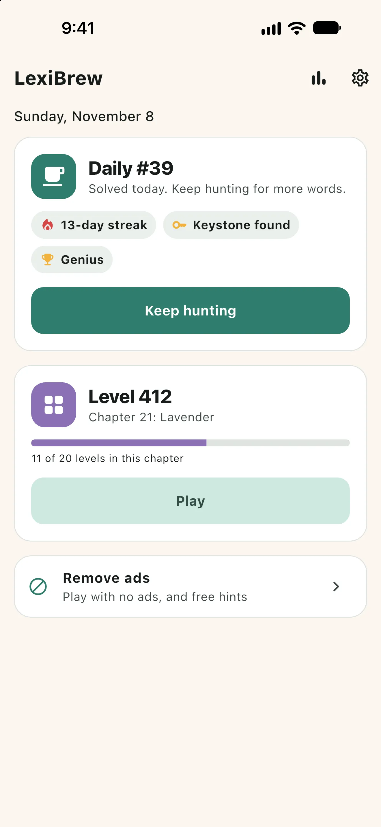 LexiBrew home screen with a 13-day streak, the daily and the next level