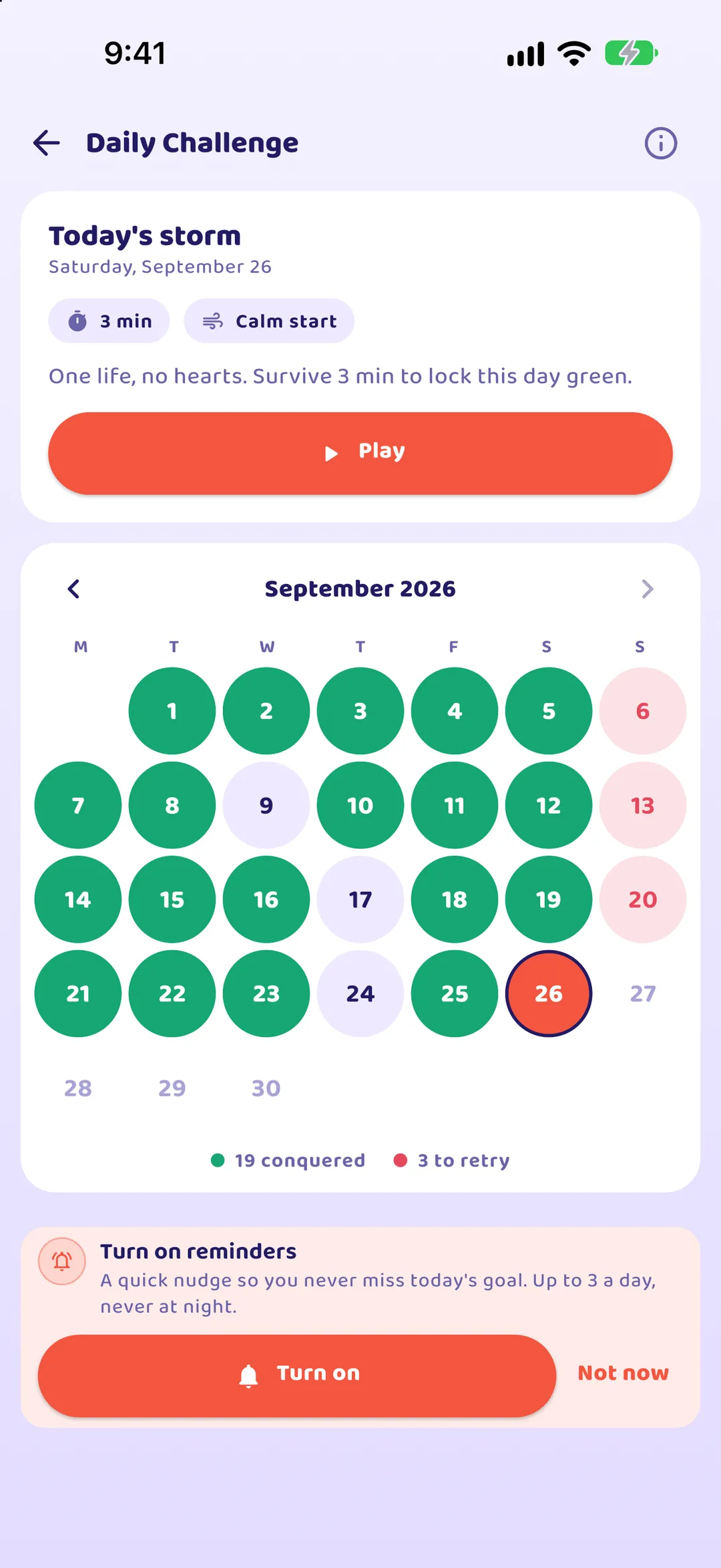 Arrow Rush Daily Challenge: the storm of the day and a calendar with the conquered days in green