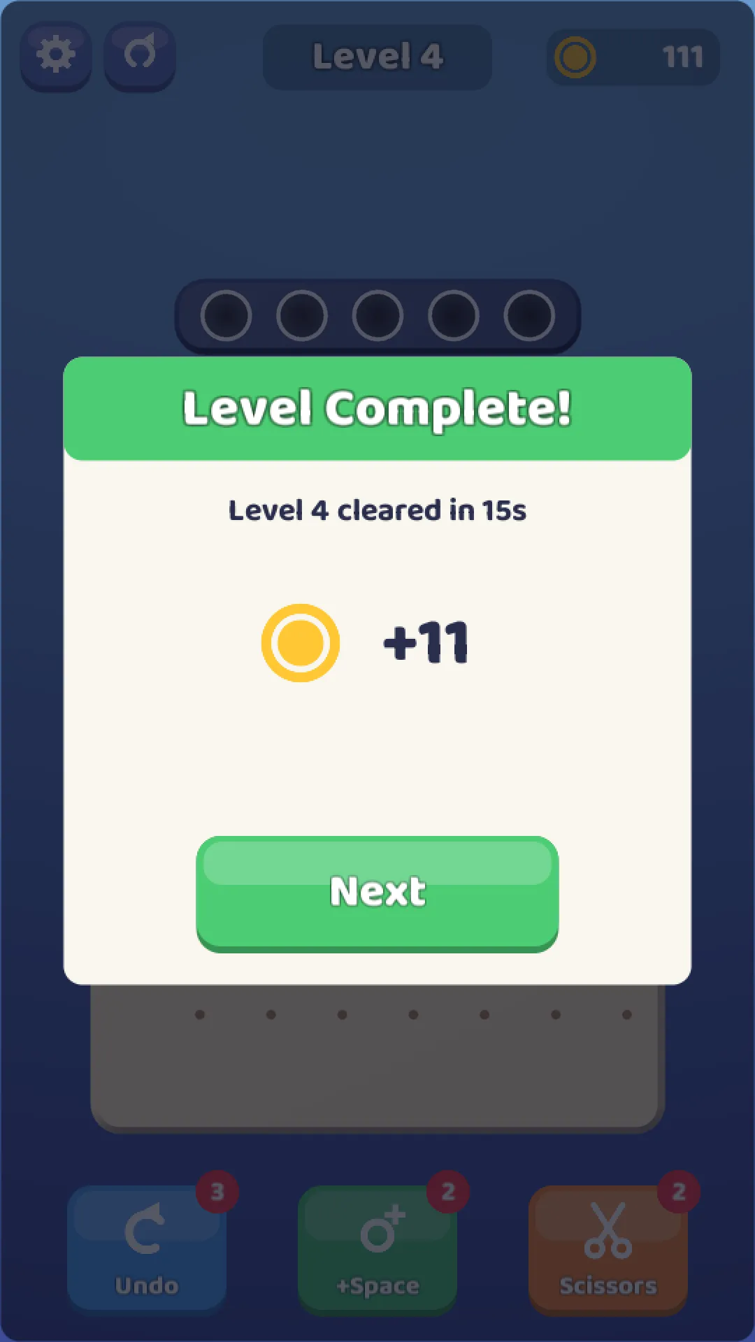 Bolt Zip level complete screen with the coins earned