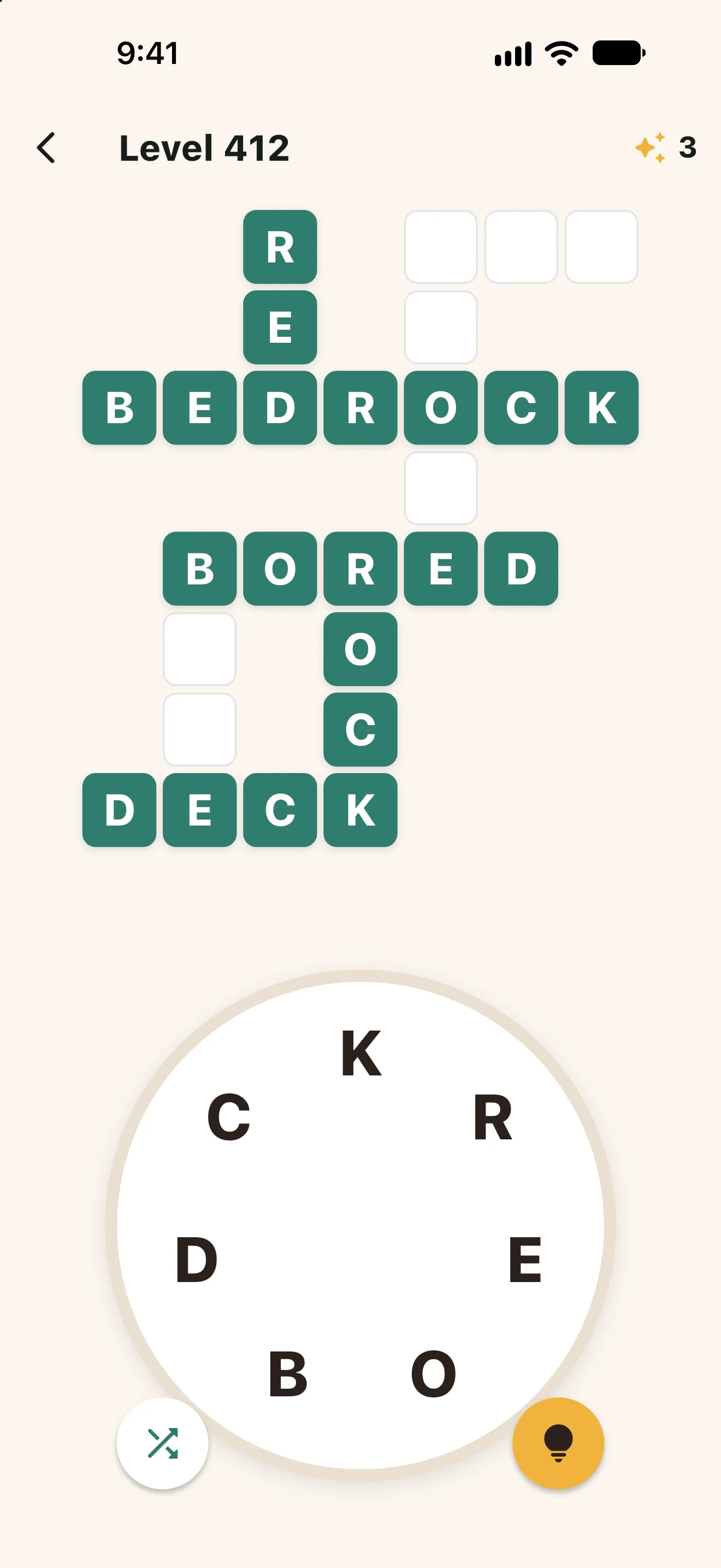 LexiBrew endless level: a crossword filled from a letter wheel