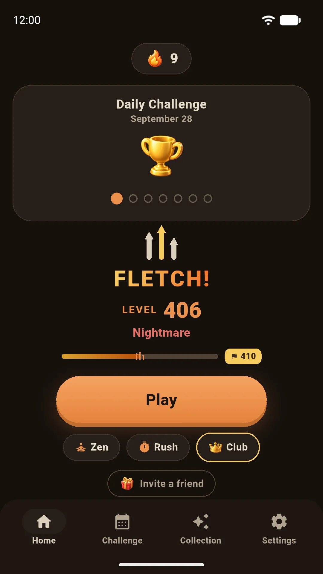 Fletch! home screen: the Daily Challenge, the current level and the Zen, Rush and Club modes