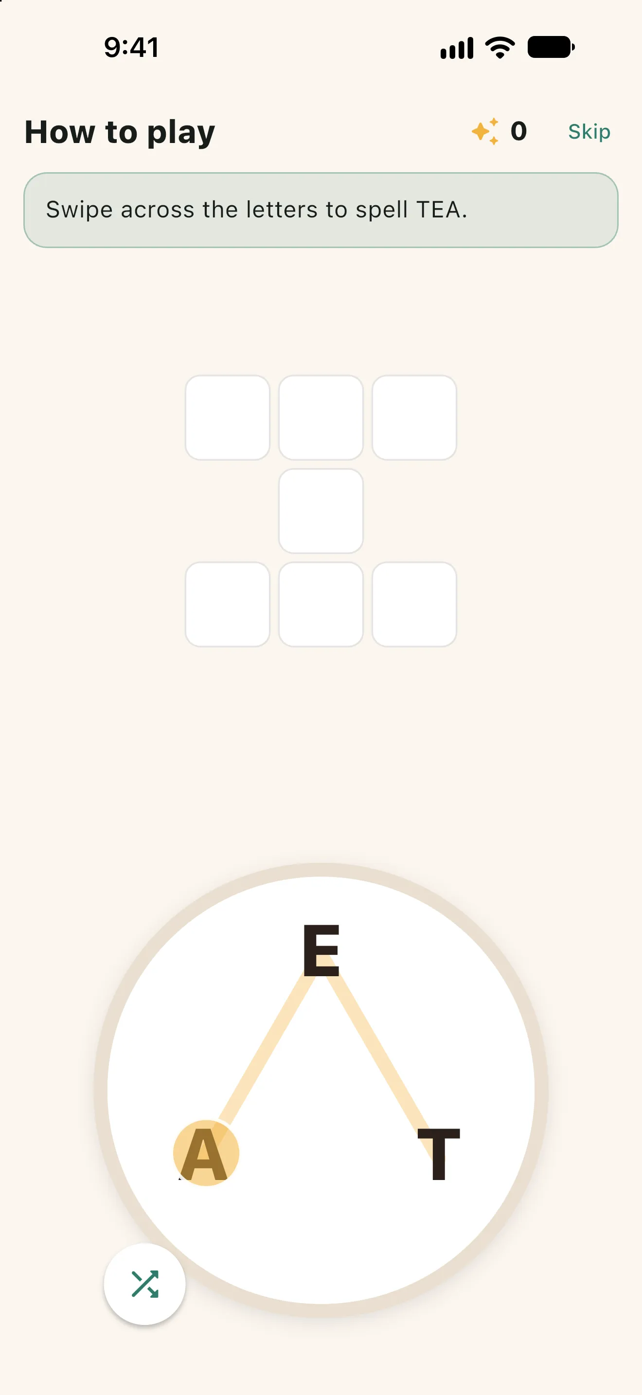 LexiBrew tutorial: swipe across the letters to spell the first word