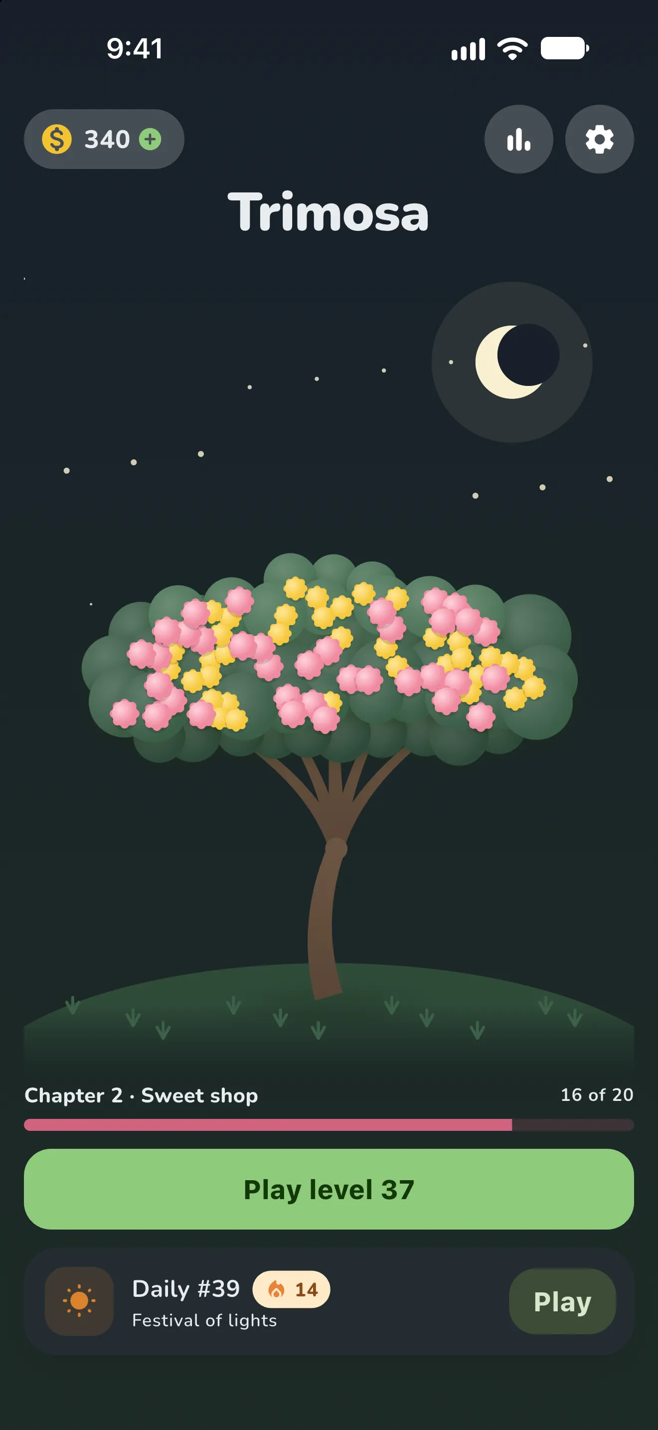 Trimosa home screen in the dark look, with a moon and stars