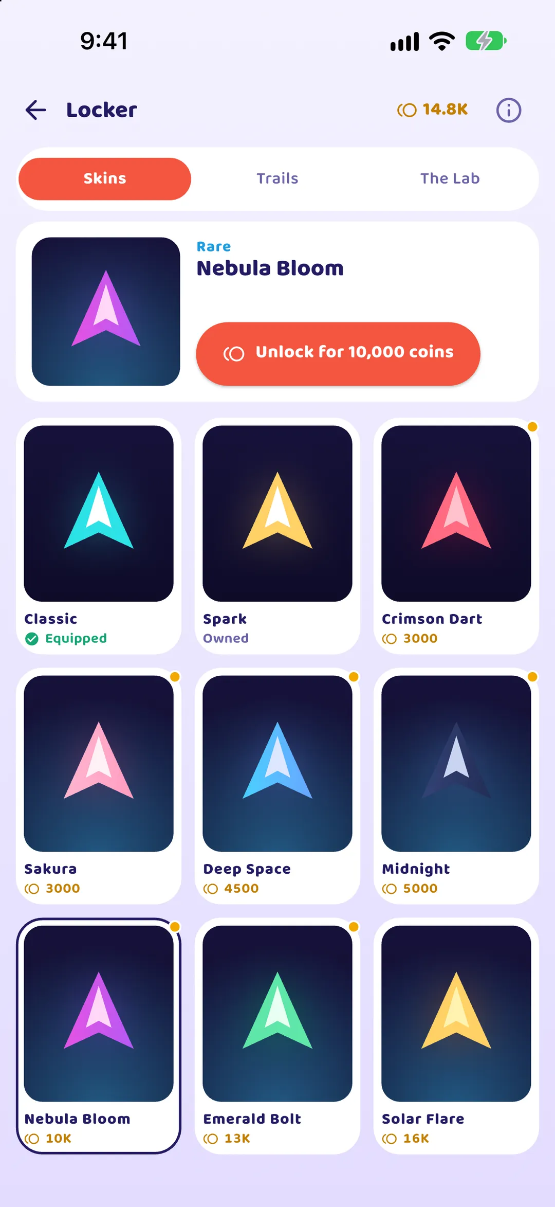 Arrow Rush Locker: arrow skins to unlock with coins, with a Rare skin on offer