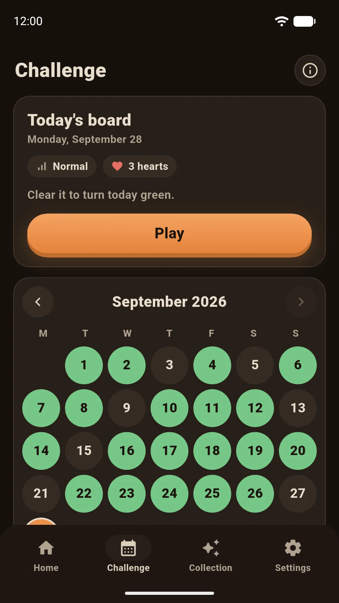 Fletch! Challenge calendar: the board of the day, with the days already cleared shown in green