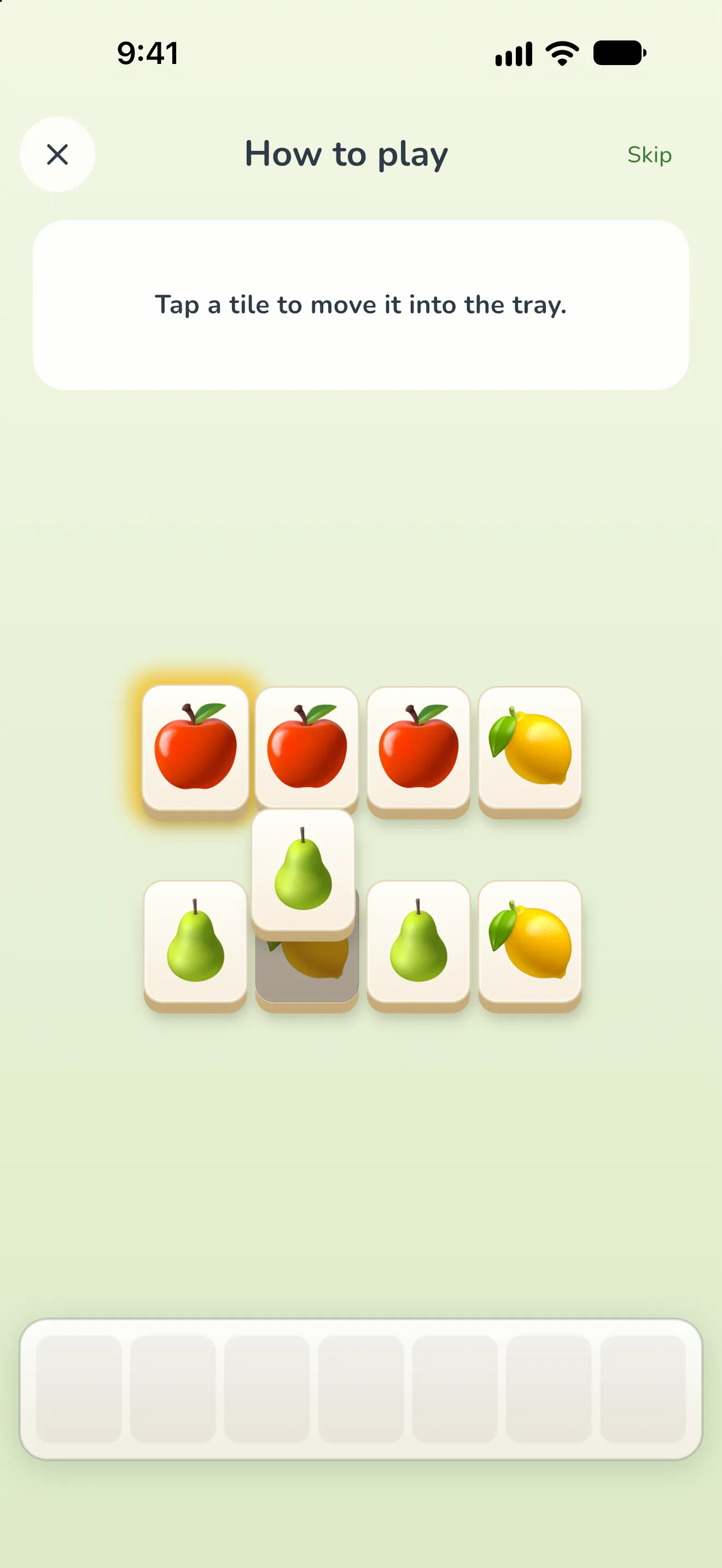 Trimosa tutorial: tap a tile to move it into the tray