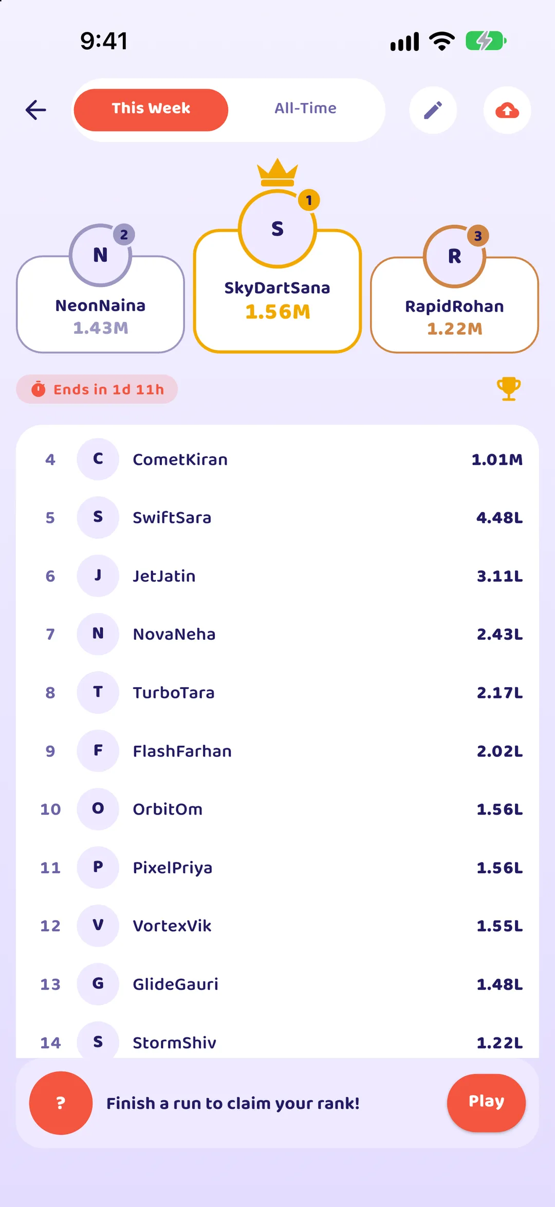 Arrow Rush weekly leaderboard, with a podium for the top three