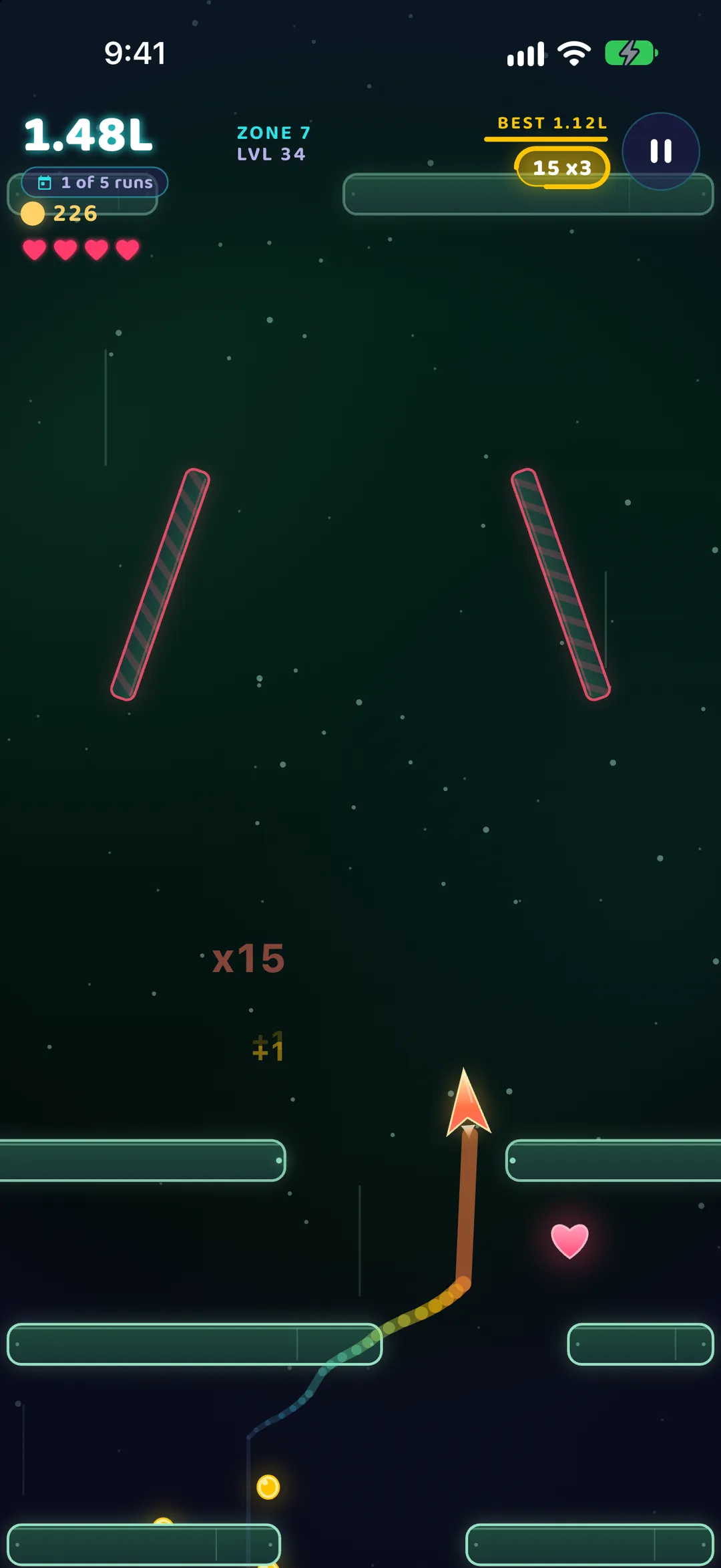 Arrow Rush gameplay: a run in zone 7, played fully offline