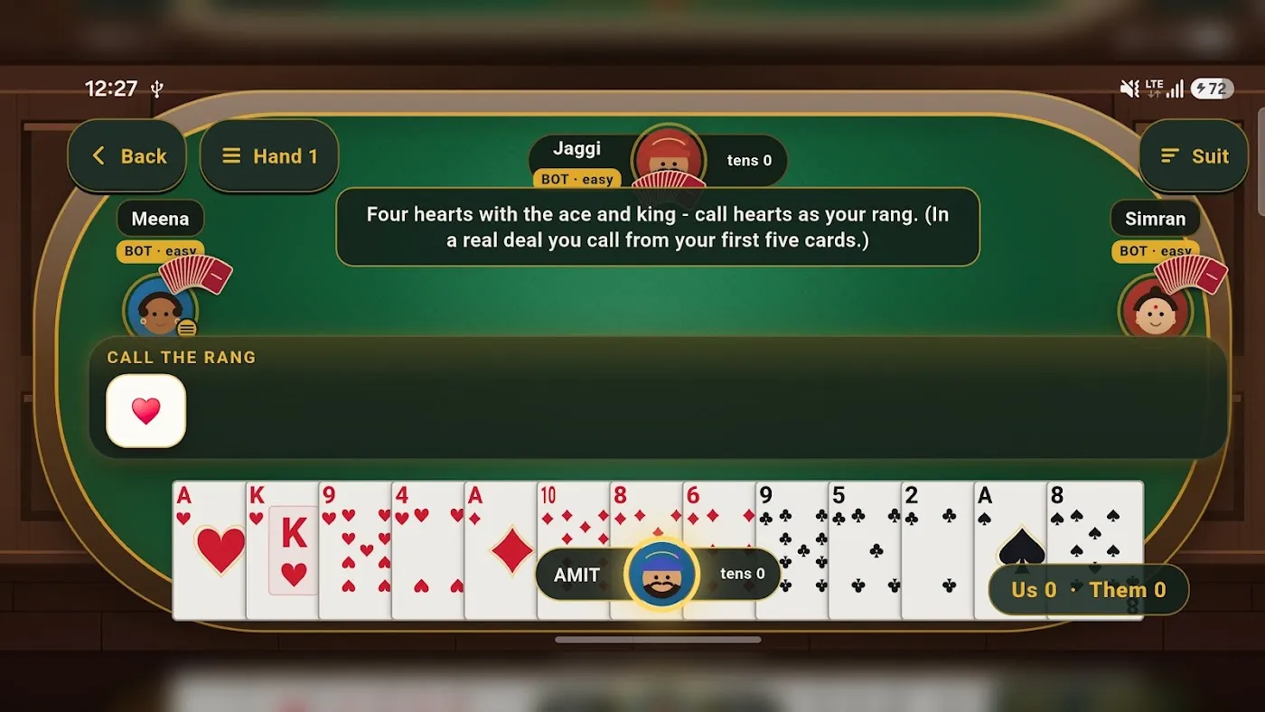 Taash Adda Court Piece lesson: calling hearts as the rang from the first five cards